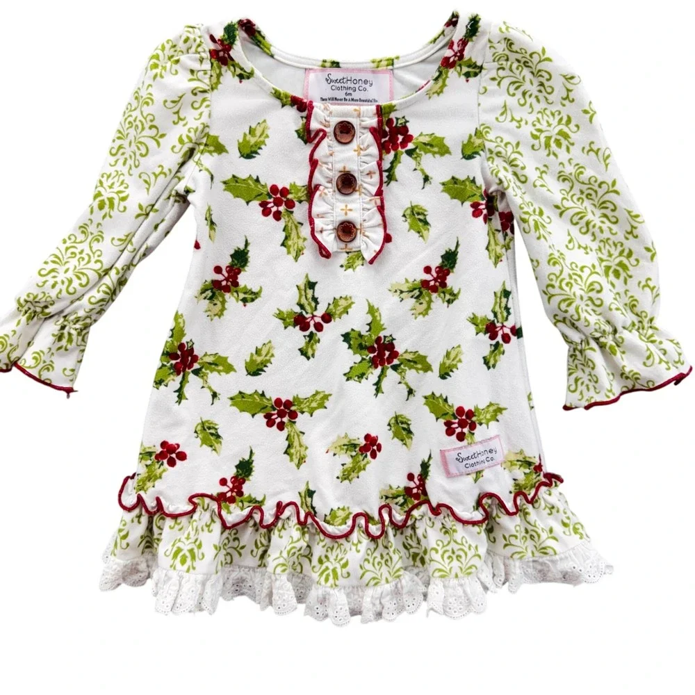 Sweet Honey Baby Girl Size 6M Christmas Holly Berry Sleep Nightgown‎ Ruffle Lace